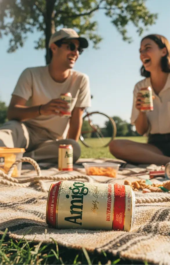 Couple at a park drinking Amigos
